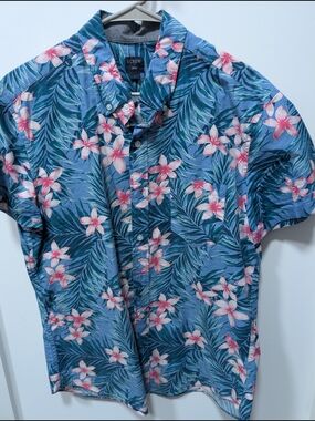 J. Crew Blue Floral Tropical Camp Shirt with Pink Accents